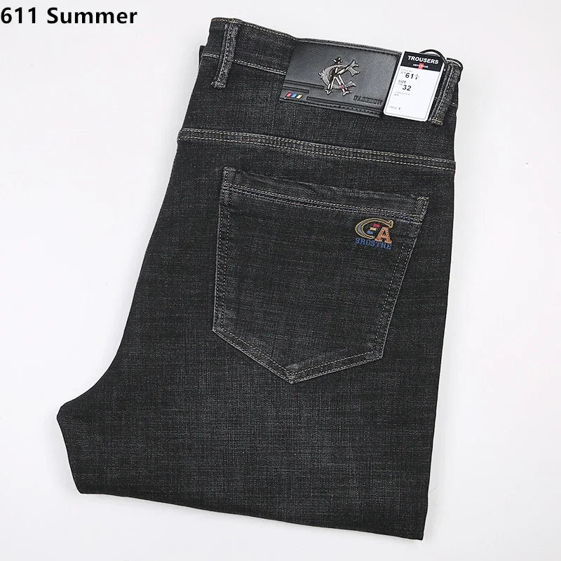 Extra Long Summer Jeans 117CM Tall Mens Thin Stretched Plus Size 40 42 44 Oversized Slim Fit High Waist Blue Denim Trousers