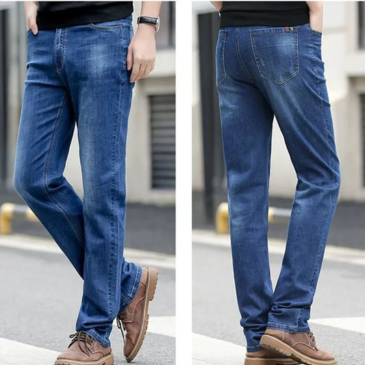 Extra Long Summer Jeans 117CM Tall Mens Thin Stretched Plus Size 40 42 44 Oversized Slim Fit High Waist Blue Denim Trousers