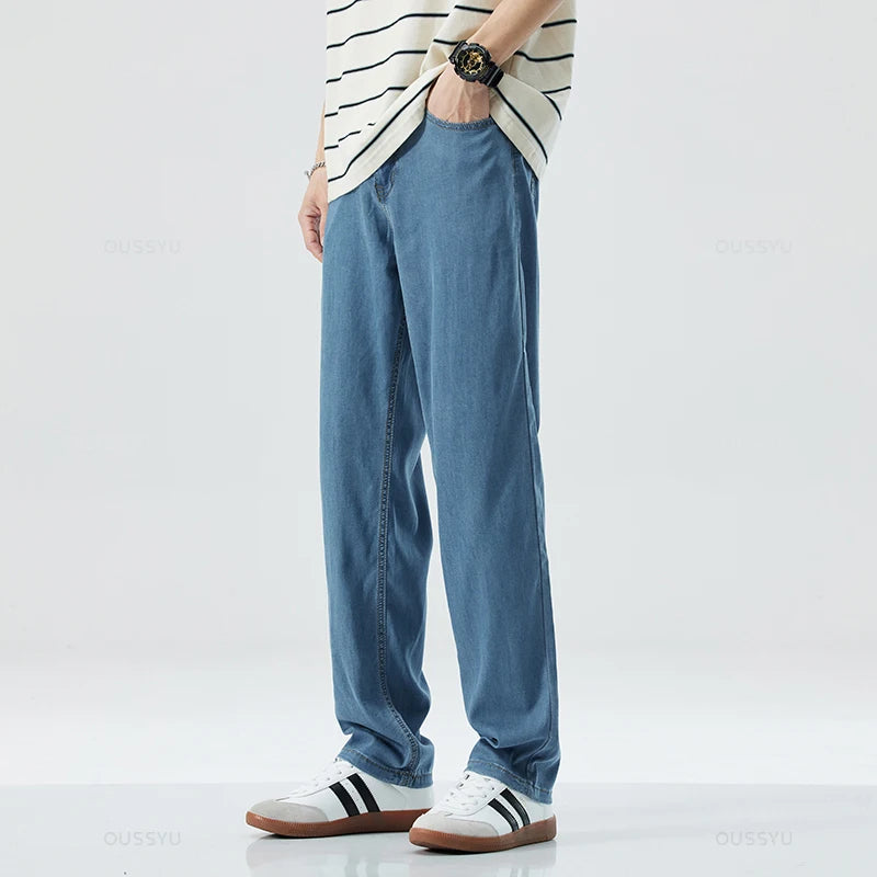 New Summer Thin Soft Lyocell Fabric Men's Jeans Classic Straight Denim Pants Work Wide Leg Casual Trousers Male Big Size 40 42