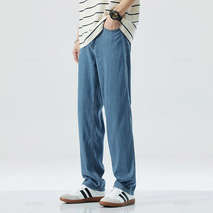 New Summer Thin Soft Lyocell Fabric Men's Jeans Classic Straight Denim Pants Work Wide Leg Casual Trousers Male Big Size 40 42
