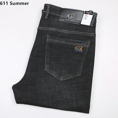 Extra Long Summer Jeans 117CM Tall Mens Thin Stretched Plus Size 40 42 44 Oversized Slim Fit High Waist Blue  Denim Trousers