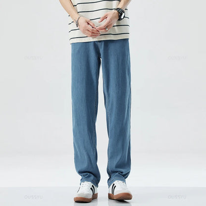 New Summer Thin Soft Lyocell Fabric Men's Jeans Classic Straight Denim Pants Work Wide Leg Casual Trousers Male Big Size 40 42