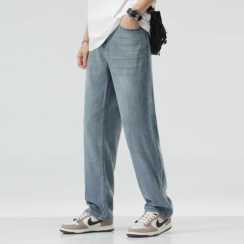 New Summer Thin Soft Lyocell Fabric Men's Jeans Classic Straight Denim Pants Work Wide Leg Casual Trousers Male Big Size 40 42