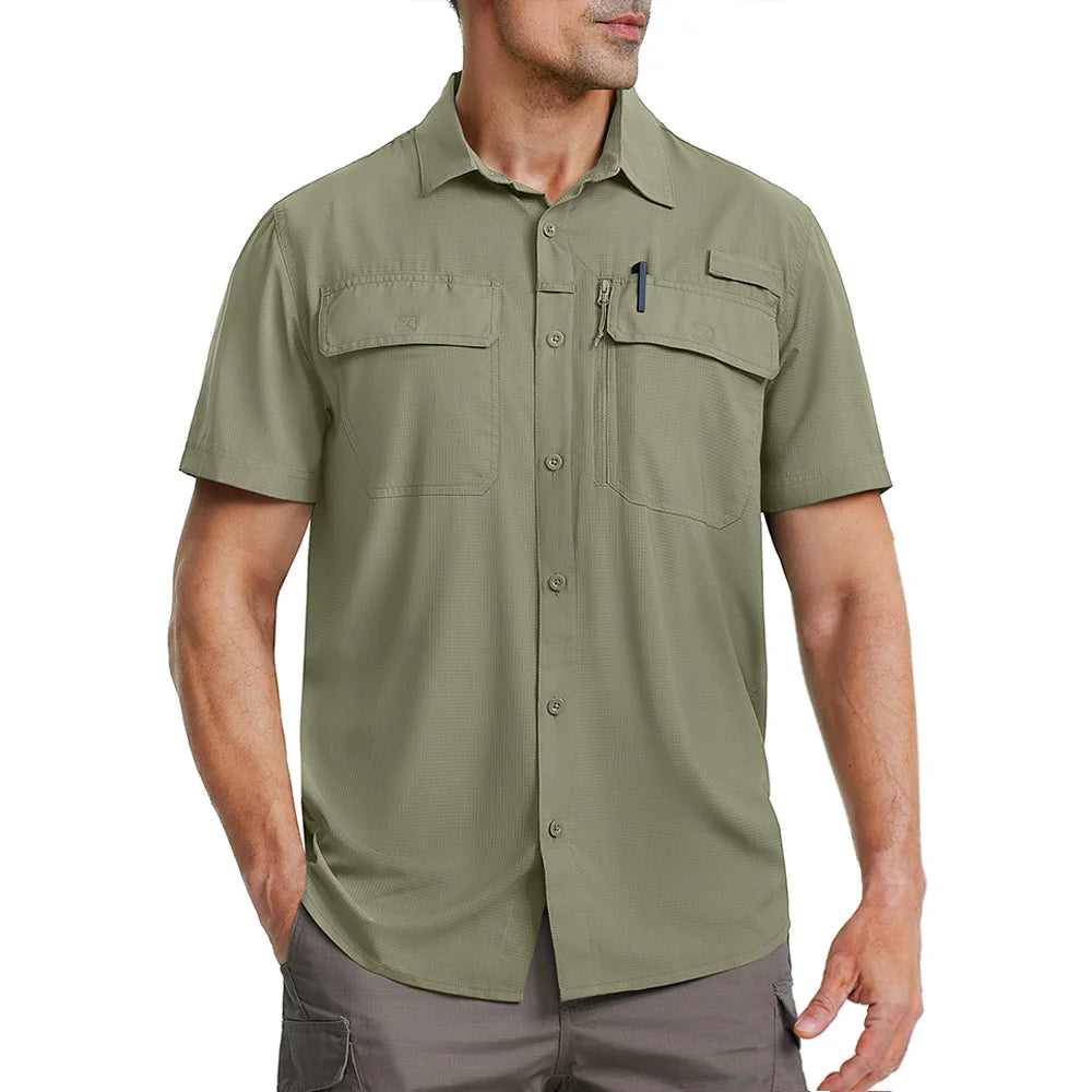 TACVASEN Quick Dry Short Sleeve Shirts Men's UPF 50+ Sun Protection Work Cargo Shirts Mesh Breathable Hiking Fishing Shirts Man