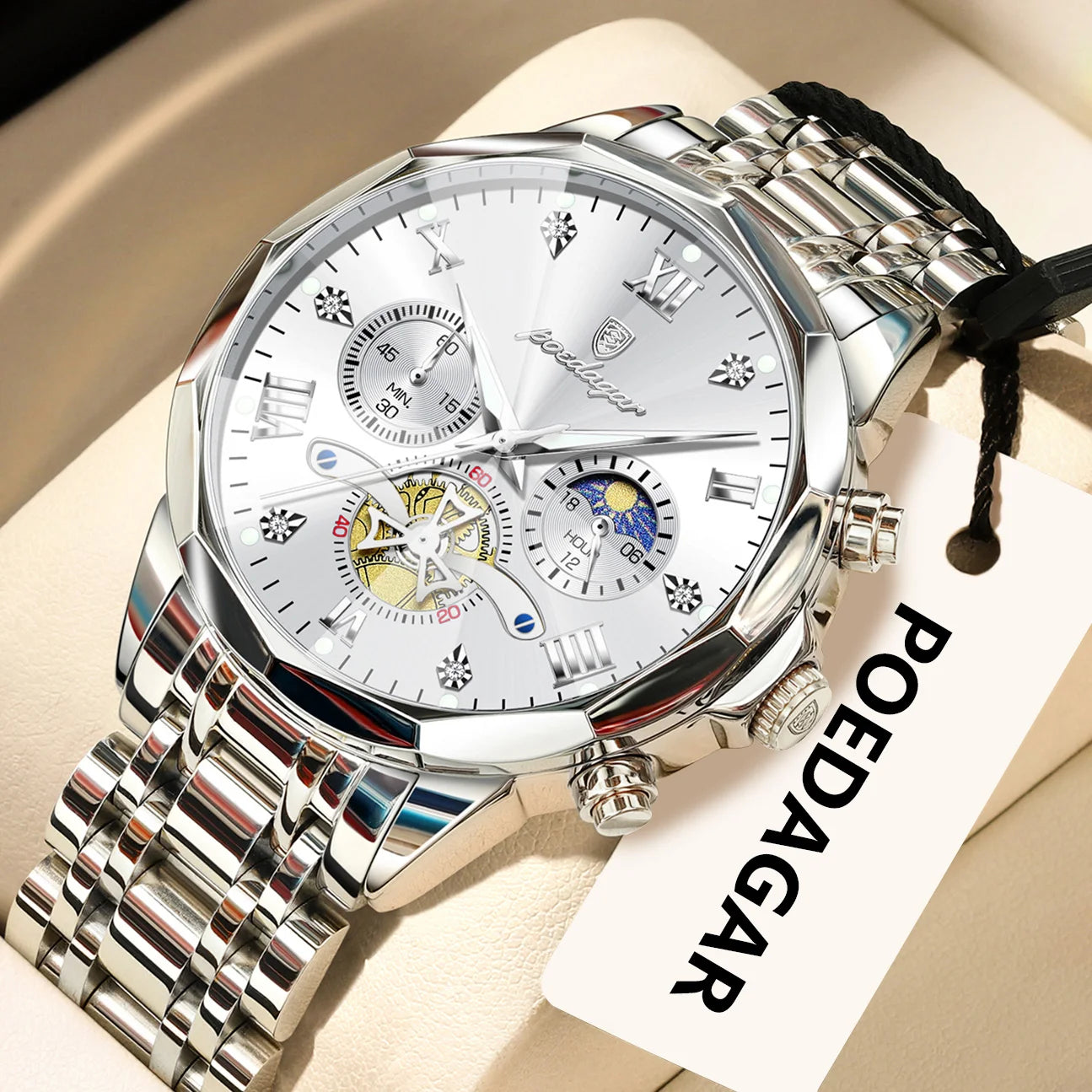 POEDAGAR Original Luxury Men's Watch Waterproof Luminous Chronograph Men Wristwatch Stainless Steel Quartz Watches For Man Reloj