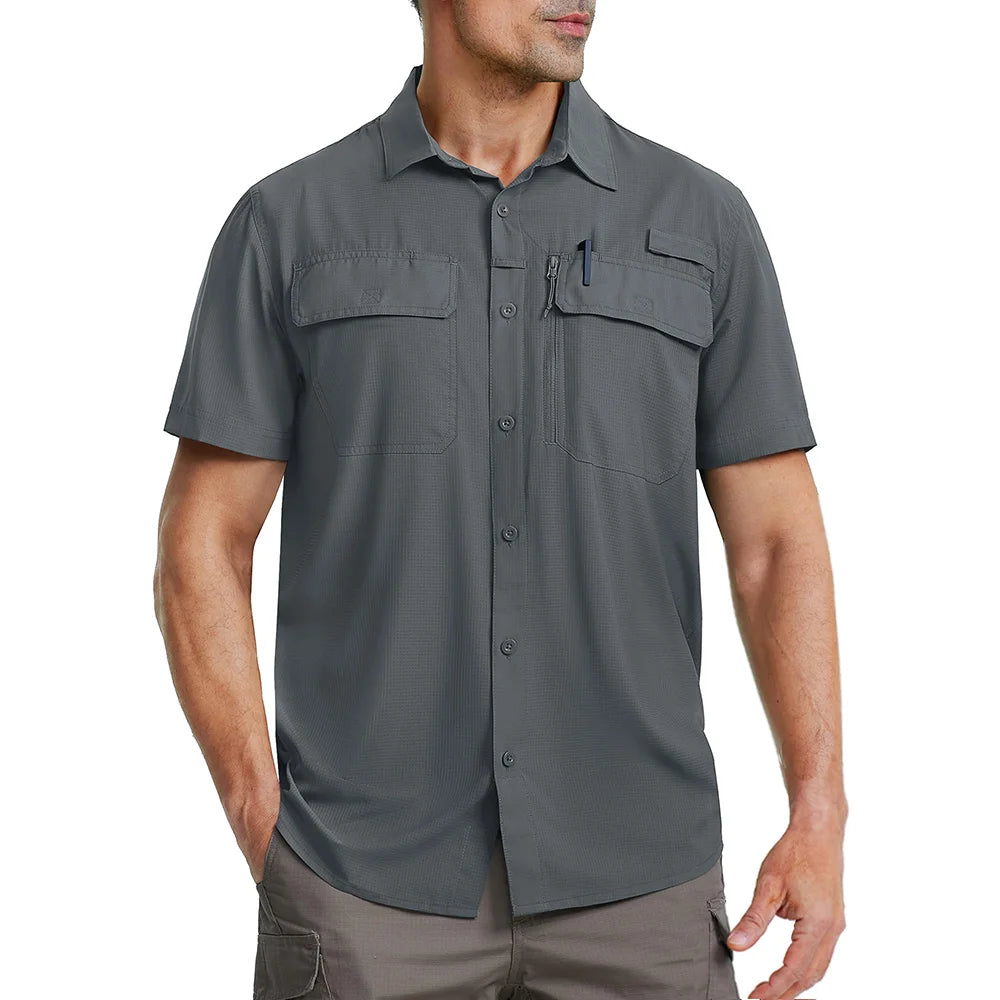 TACVASEN Quick Dry Short Sleeve Shirts Men's UPF 50+ Sun Protection Work Cargo Shirts Mesh Breathable Hiking Fishing Shirts Man